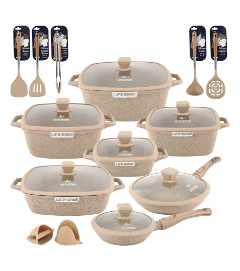 21 Pcs Square Non-Stick Granite Coated Complete Cookware Set with Glass ...